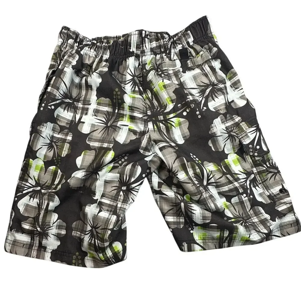 O'Rageous Board Shorts Swim Trunks Hibiscus Plaid Cargo Y2K